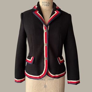GUCCI Black Wool Blazer Jacket Blue Red White Stripes Italy 38 / US 2
